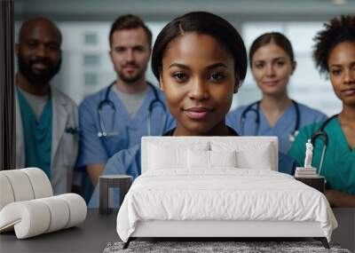 Positive beautiful young African American medical employee woman in blue uniform posing for professional portrait with positive team of doctors behind, looking at camera with hands crossed Wall mural