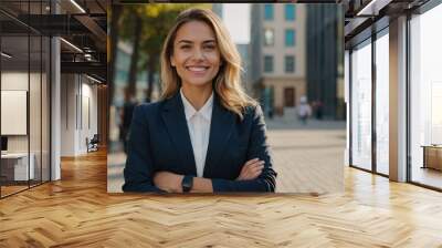 Young happy pretty smiling professional business woman, happy confident positive female entrepreneur standing outdoor on street arms crossed, looking at camera Wall mural