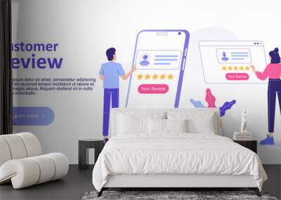 Customer review or feedback concept. People giving feedback and choosing satisfaction rating on smartphone app. Customer service and user experience. Landing page template. Vector web illustration Wall mural