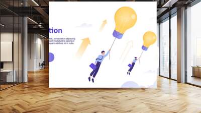 Innovation Concept. Business man flying with light bulb. Business growth. Motivation and Success. Landing page, website template. Home page design. Modern isolated vector illustration for web banner Wall mural