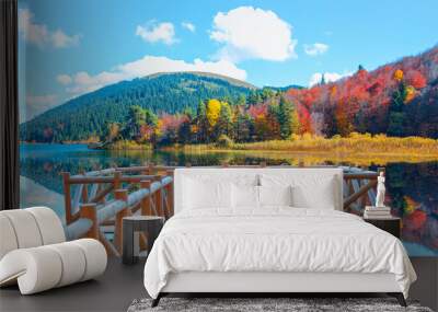 Abant Lake - Autumn forest landscape reflection on the water with wooden pier - Abant National Park - Bolu, Turkey Wall mural