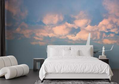 Airplane flying above tropical sea at sunset Wall mural