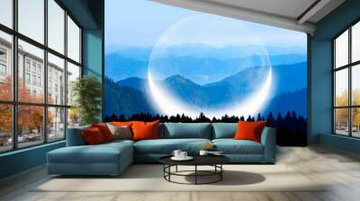 Beautiful landscape with blue misty silhouettes of mountains Crescent moon in the backgroun Wall mural