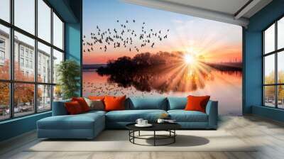 birds silhouettes flying above the lake against sunset Wall mural