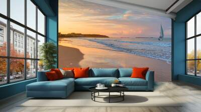 Colorful sea beach sunrise. Beautiful incekum beach scenery with calm waves and soft sandy beach. Empty tropical landscape - incekum, Alanya Wall mural