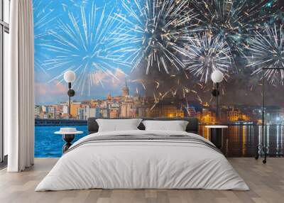 Day and Night Concept - Galata Tower, Galata Bridge, Karakoy district and Golden Horn with fireworks - istanbul,  Turkey Wall mural