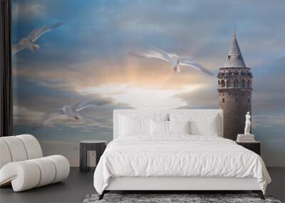 Galata Tower with seagulls flying - Istanbul, Turkey Wall mural