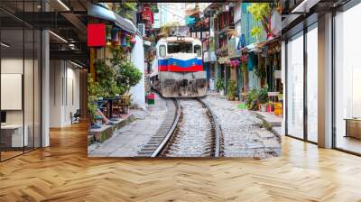 Hanoi city railway Perspective view running along narrow street with houses in Vietnam Wall mural