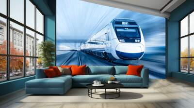 High speed train runs on rail tracks . Train in motion Wall mural