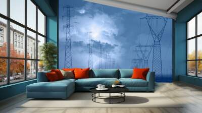 High voltage power lines with aamazing lightning Wall mural