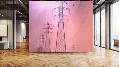 High voltage power lines with lightning Wall mural