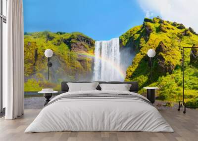 Icelandic Landscape concept - View of famous Skogafoss waterfall and amazing rainbow Wall mural