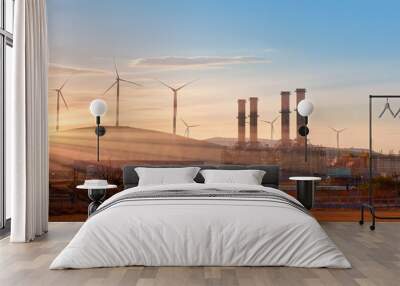 Industrial concept - Silhouette of Natural gas processing plant with Renewable energy wind turbines generating electricity Wall mural