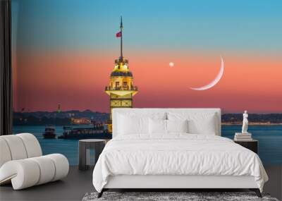 Istanbul Maiden Tower (kiz kulesi) at sunset in the background Venus and crescent (New moon) Wall mural