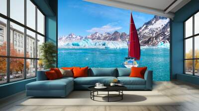 Knud Rasmussen Glacier near Kulusuk with lone yacht with red sails - Greenland, East Greenland Wall mural