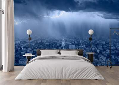 lightning thunderstorm flash over the city at blue night sky - lightning storm over city in blue lig Wall mural