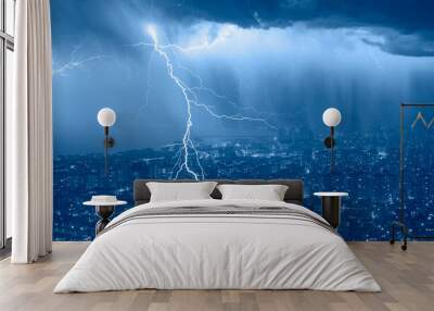 Lightning thunderstorm flash over the city at night sky - Lightning storm over city with rain Wall mural