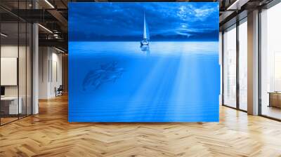 Sailing Yacht from sail regatta on mediterranean sea at sunset - A group of dolphins swimming underwater in the blue tropical sea Wall mural