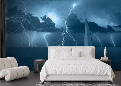 Sailing yacht in a stormy weather with thunder and lightning Wall mural