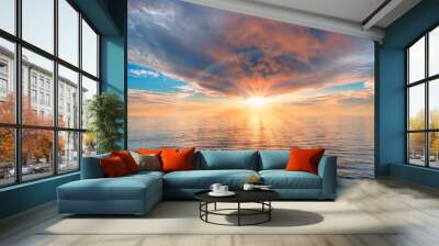 Storm on the calm sea with amazing sunset Wall mural