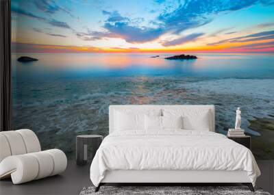 Sunset long exposure on the Alanya coast - Long exposure image of Dramatic sky and seascape with rock New moon over the sea Wall mural