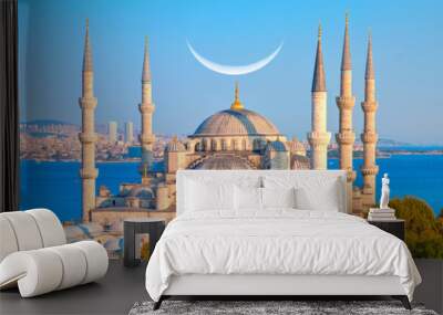 The Blue Mosque with crescent moon (new moon) -Sultanahmet, Istanbul, Turkey. Wall mural