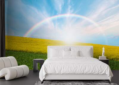 yellow mustard field landscape industry of agriculture with rainbow - germany Wall mural