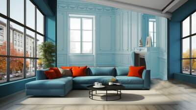 Bright, empty and light blue colored room with big windows. Fireplace and wall decoration. 3d rendering.
 Wall mural