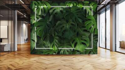 Minimal nature concept. Creative layout made of leaves with neon light frame. Flat lay.	 Wall mural