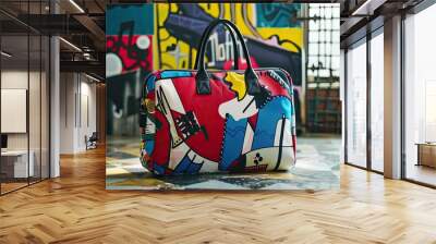 A colorful, patterned handbag on a tiled floor. Wall mural