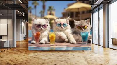 A cute British Shorthair cat fully embracing vacation mode while surrounded by drinks. Wall mural