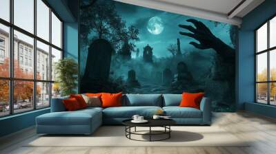 A ghostly hand reaches from the fog in a graveyard. Wall mural