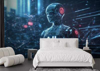 A glowing AI robot in a futuristic setting. Wall mural