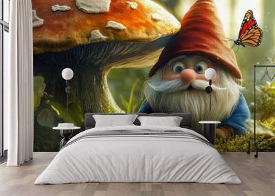 A gnome sits near a mushroom and a butterfly. Wall mural