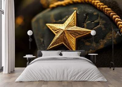 A gold star on a dark fabric background. Wall mural