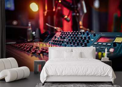 A grand sound mixing board with an array of knobs and buttons. Wall mural