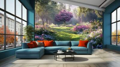 A magical garden with blooming flowers and trees. Wall mural