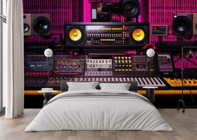 A meticulously organized array of electronic music production tools, each panel aglow amid the softly lit setting of a studio Wall mural