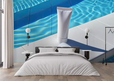 A mockup of a white blank cosmetic bottle tube placed on the surface of the water. Wall mural