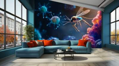 A mosquito flies over colorful bacteria. Wall mural