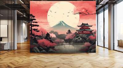 A painting of a mountain range with a large red sun in the background. The sky is filled with stars and the mountains are covered in red. Wall mural