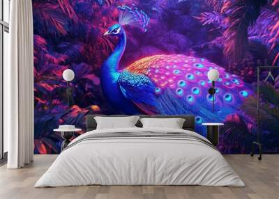 A peacock in neon light surrounded by lush foliage. Wall mural