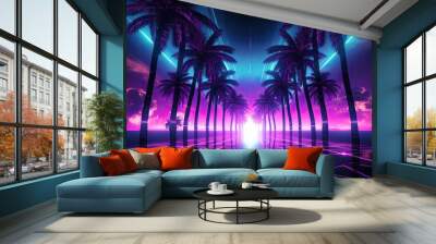 a retro-futuristic paradise with a landscape featuring tropical beach palm trees, reflecting the vibrant aesthetic of the electronic cyberpunk era of the 80s and 90s. Wall mural