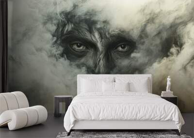 A shadowy face emerges from swirling smoke. Wall mural