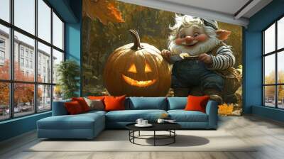 A smiling gnome carving a pumpkin in a forest. Wall mural