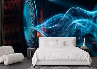 A speaker emitting a blue wave of energy. Wall mural