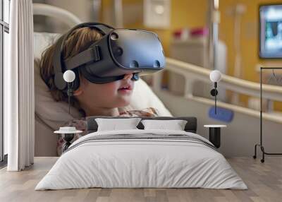 A young girl in a hospital bed wearing VR goggles. Wall mural