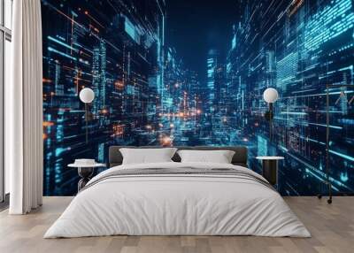 Abstract cityscape with glowing blue lines. Wall mural