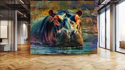 Abstract painting of a hippopotamus in water. Wall mural