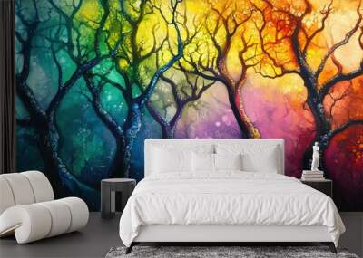 Abstract painting of trees with colorful backgrounds. Wall mural